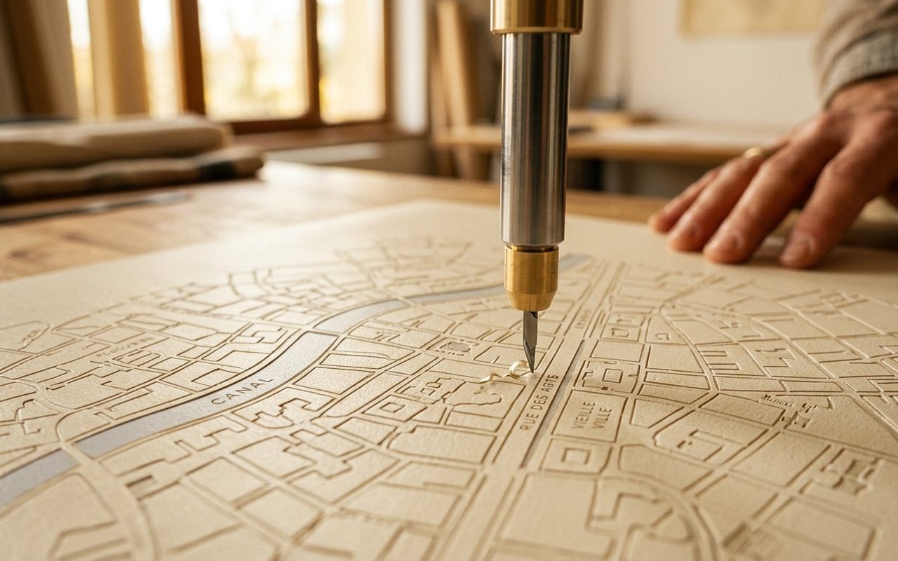 A precision plotter laser-cutting an intricate city map from cream-toned adhesive vinyl film — focused red beam tracing a street grid, hands of an operator just visible at the edge. Week 4 of a WindowMaps commission.