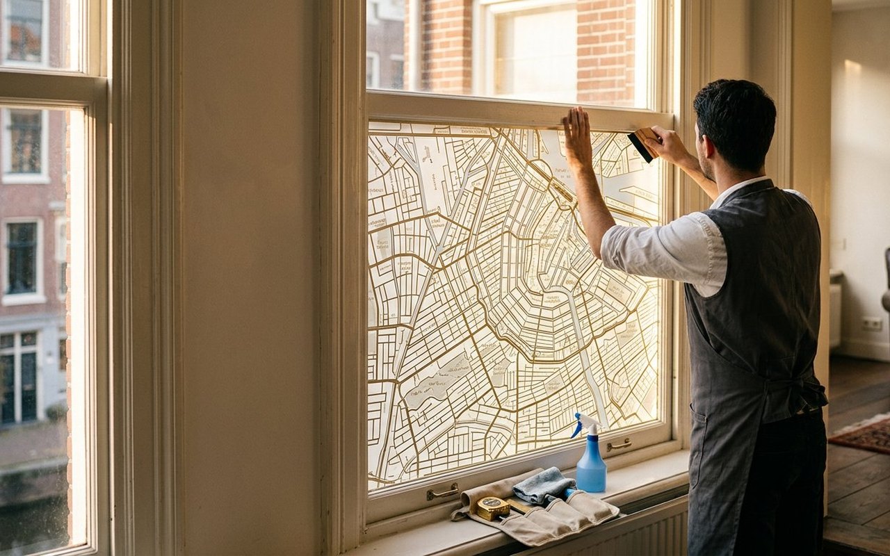 A WindowMaps specialist applying a vinyl city map to a tall sash window — half installed showing a detailed street grid, squeegee mid-stroke, morning light through the glass, cream interior. Week 5 of a WindowMaps commission.