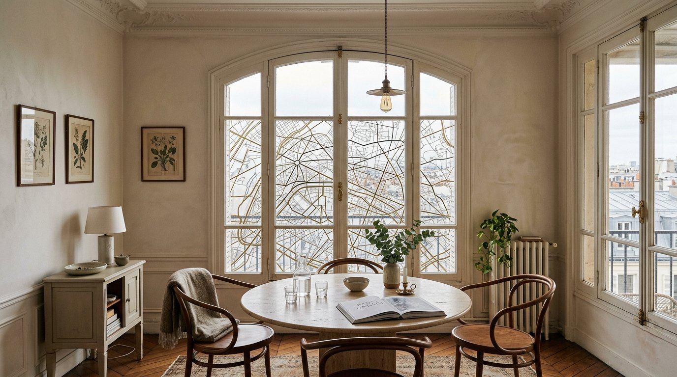An upper-floor Haussmann-era Paris dining room with the city's radial streets in fine brass on a tall arched window, bentwood chairs around a travertine table, zinc rooftops beyond.