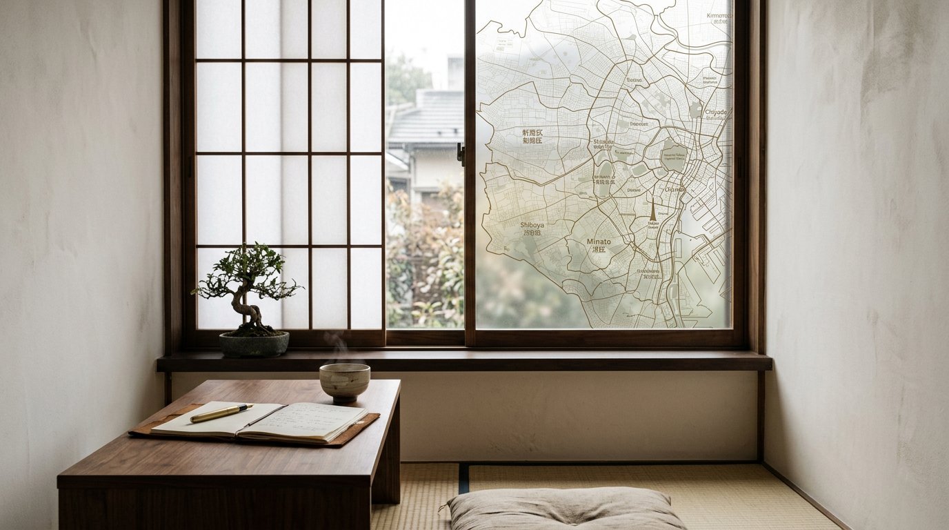 A small Japanese-influenced home study with a sliding shoji window beside a window showing Tokyo neighbourhood wards labelled in kanji; a low walnut writing desk, leather notebook, ceramic tea bowl, single bonsai.