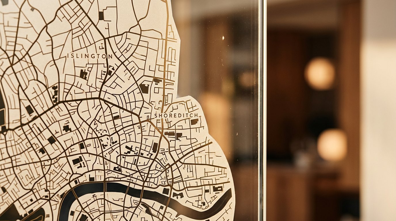 A studio close-up of a cartographic vinyl decal on glass — Islington and Shoreditch labelled, the Thames curving below; the vinyl edge meets bare glass with a warm out-of-focus interior beyond.